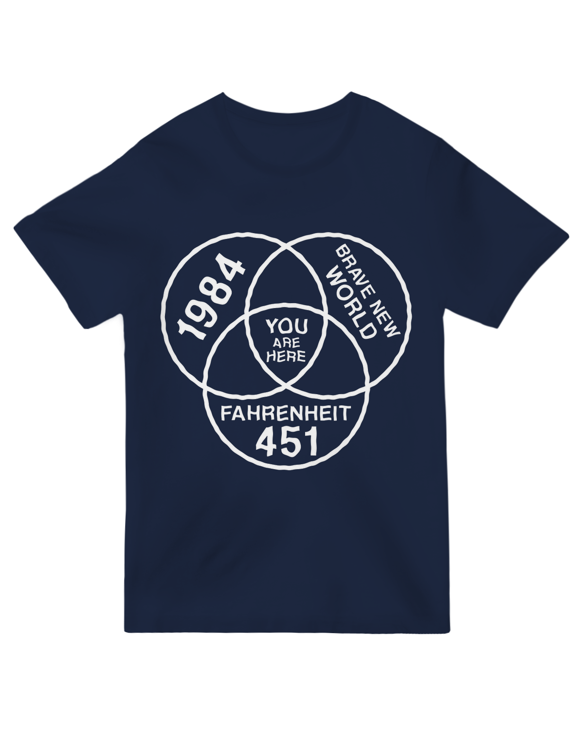 "Navy blue 'You Are Here' t-shirt with minimalist space graphic - astronomy humor cotton tee for science geeks"