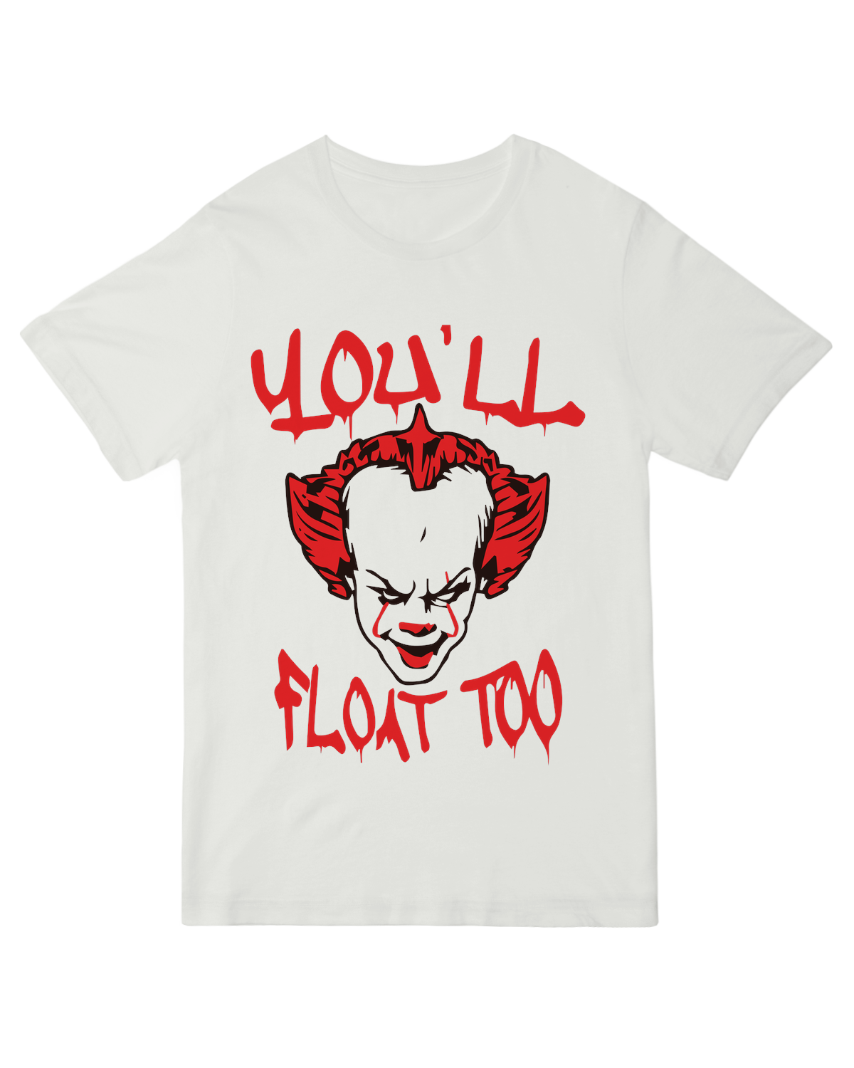 "Creepy 'You'll Float Too' clown horror t-shirt inspired by vintage thrillers"