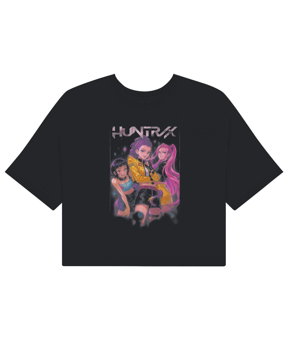 Active woman wearing the KPop Demon Hunters crop top during dance movement

