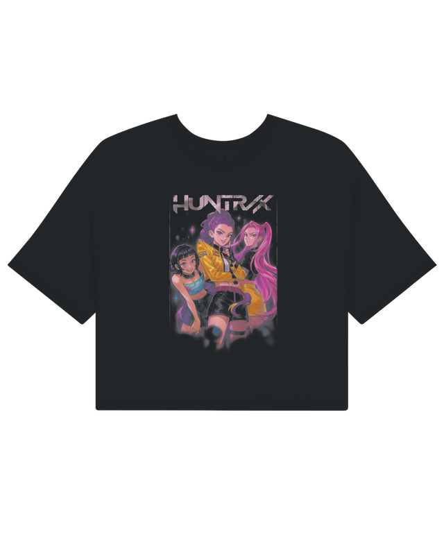Active woman wearing the KPop Demon Hunters crop top during dance movement

