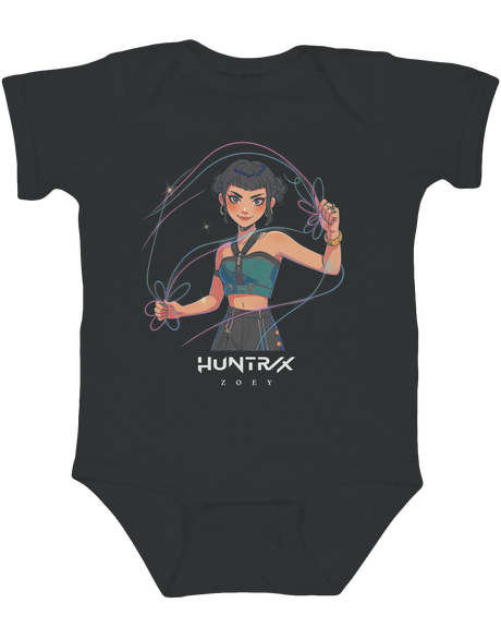 Adorable newborn in a KPop Demon Hunters bodysuit, lying on a soft blanket.

