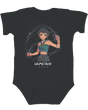 Adorable newborn in a KPop Demon Hunters bodysuit, lying on a soft blanket.

