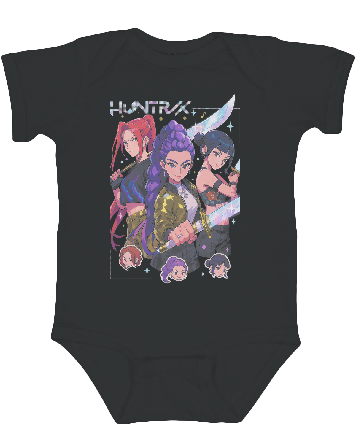 Baby wearing the KPop Demon Hunters bodysuit during a monthly milestone photo shoot

