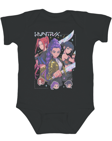 Baby wearing the KPop Demon Hunters bodysuit during a monthly milestone photo shoot

