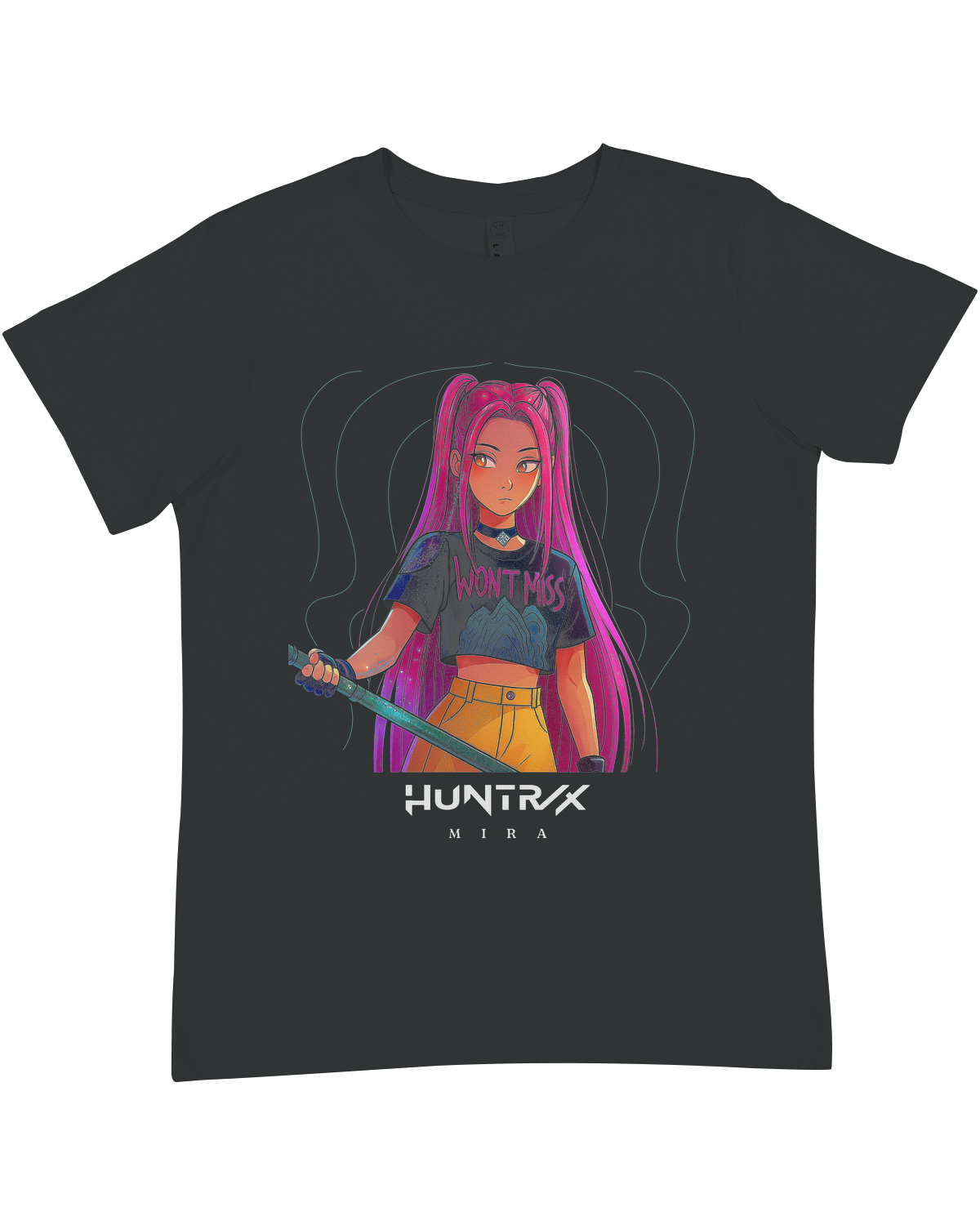 Close-up detail of the vibrant KPop Demon Hunters print on the premium cotton t-shirt.


