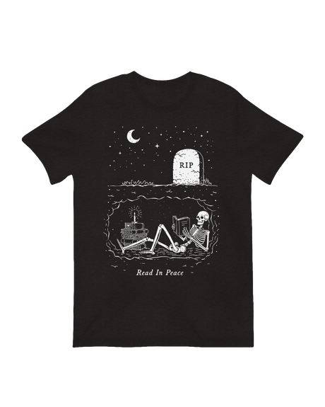 Close-up of the RIP skeleton design on a soft cotton tee