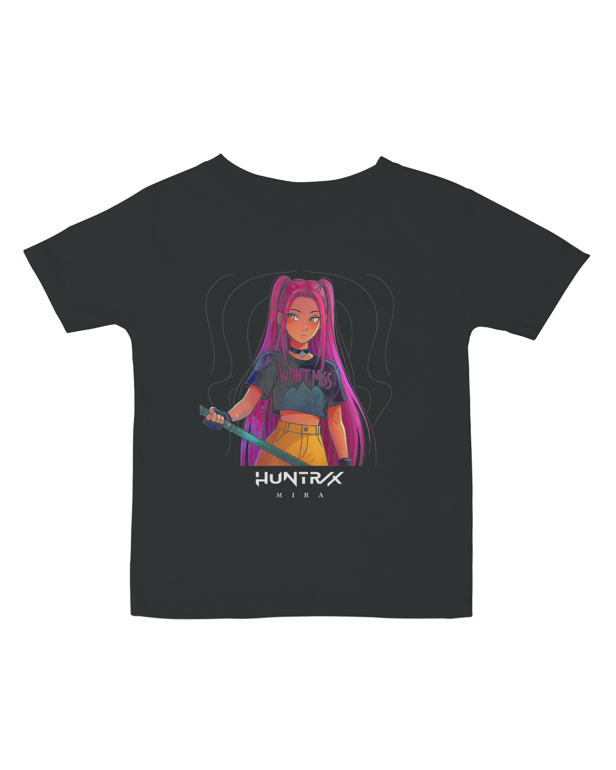 Close-up of the comfortable crewneck collar on the KPop Demon Hunters baby tee.

