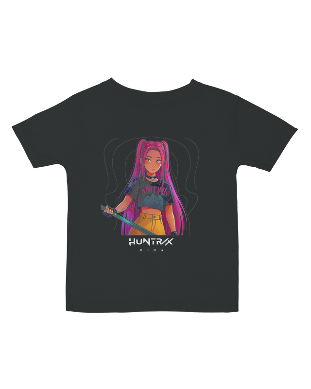 Close-up of the comfortable crewneck collar on the KPop Demon Hunters baby tee.

