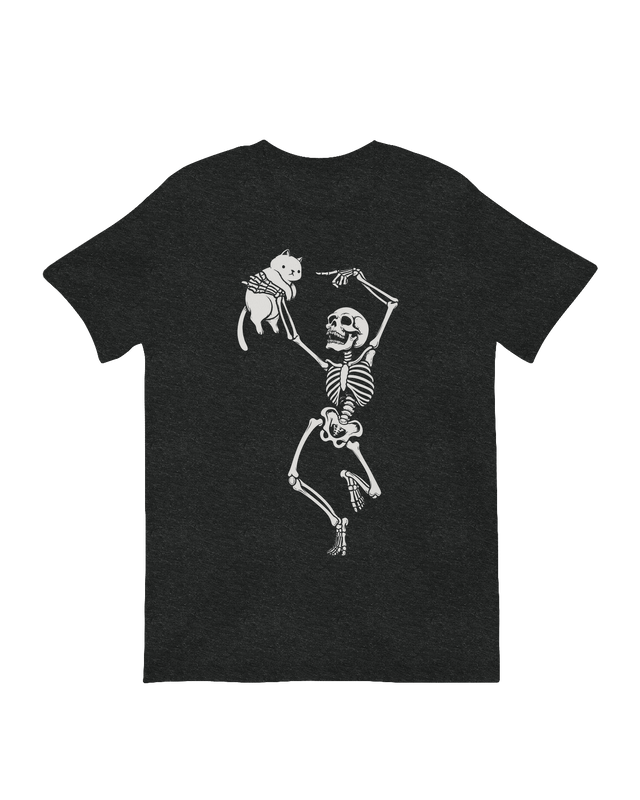 Dancing Skeleton with a Black Cat Animatronic Halloween Prop in a spooky yard scene.

