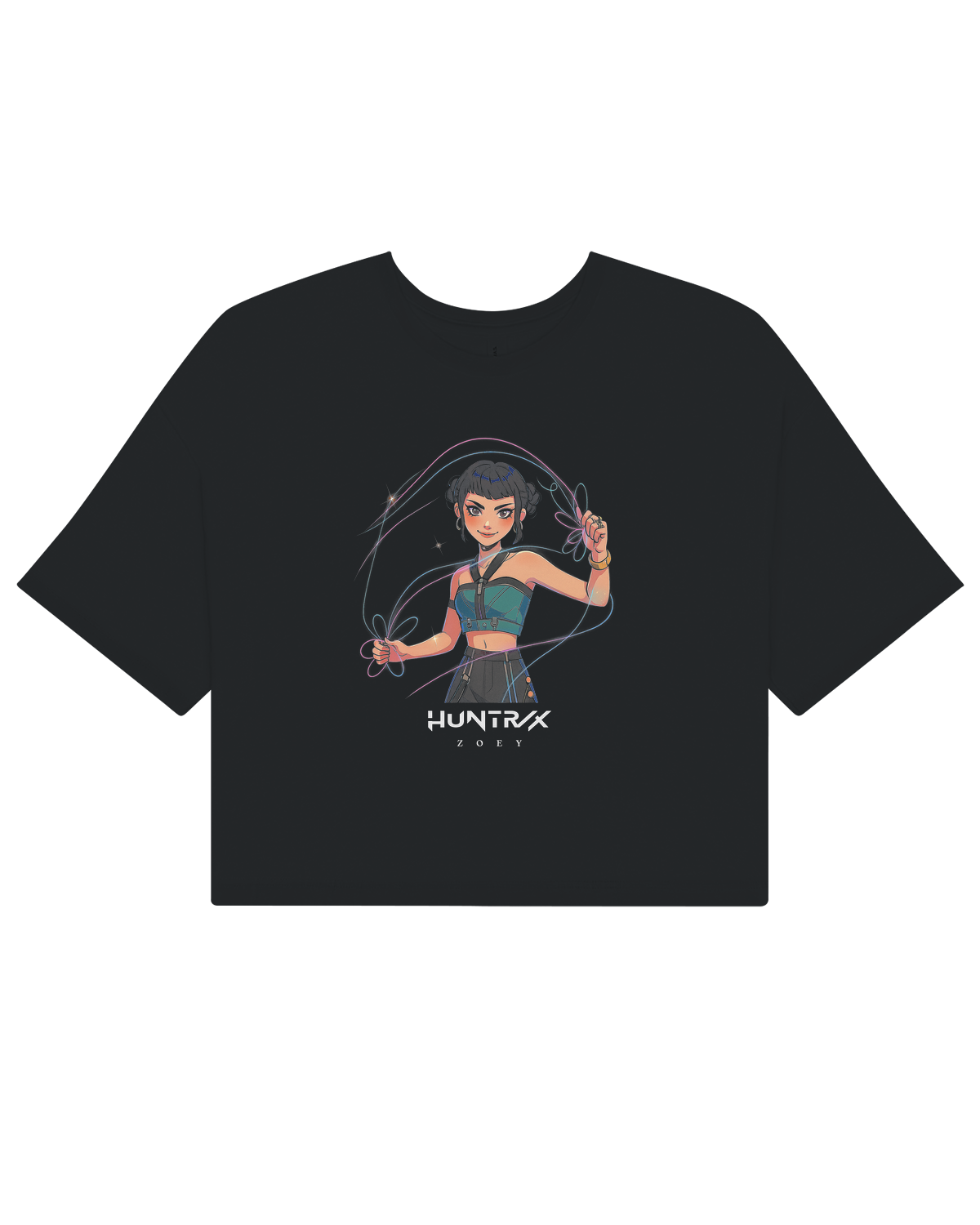 Fashion model showcasing the KPop Demon Hunters crop top styled with high-waisted cargo pants.

