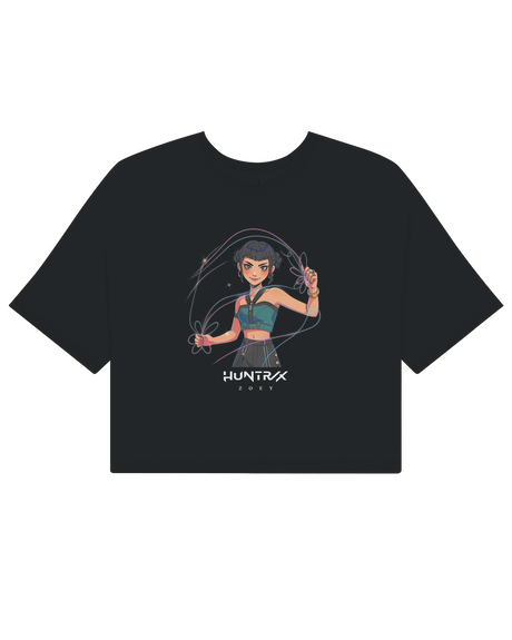 Fashion model showcasing the KPop Demon Hunters crop top styled with high-waisted cargo pants.

