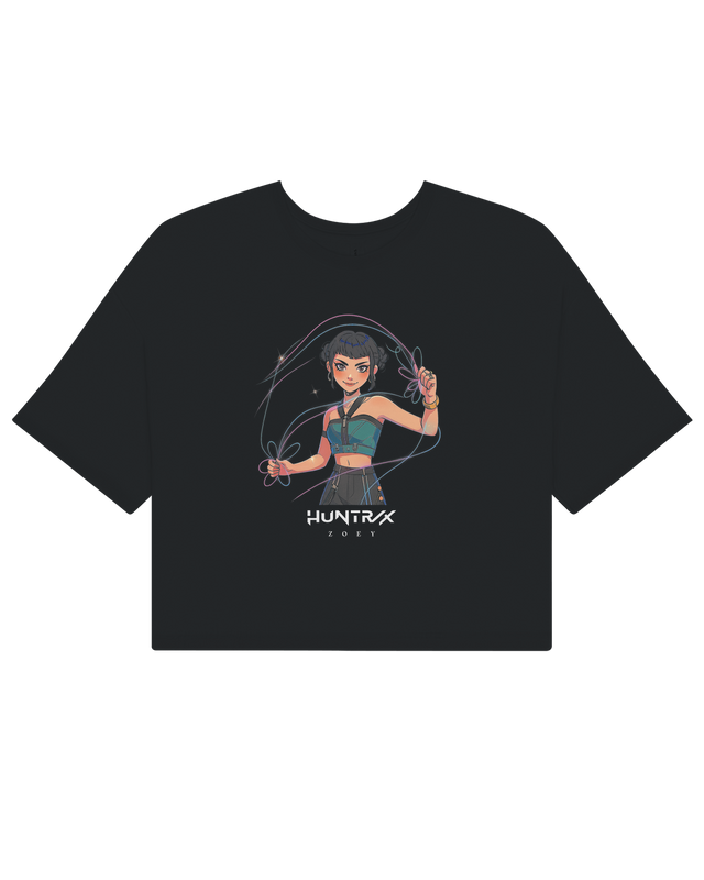 Fashion model showcasing the KPop Demon Hunters crop top styled with high-waisted cargo pants.

