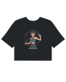 Fashion model showcasing the KPop Demon Hunters crop top styled with high-waisted cargo pants.

