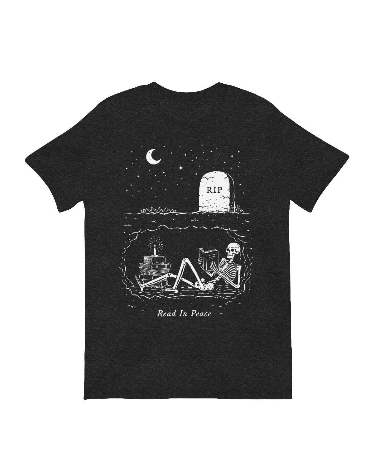 Front graphic of a Read In Peace skeleton T-shirt for book lovers

