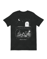 Front graphic of a Read In Peace skeleton T-shirt for book lovers

