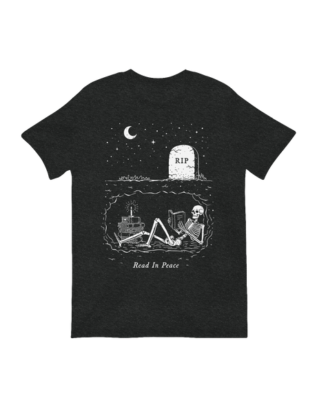 Front graphic of a Read In Peace skeleton T-shirt for book lovers

