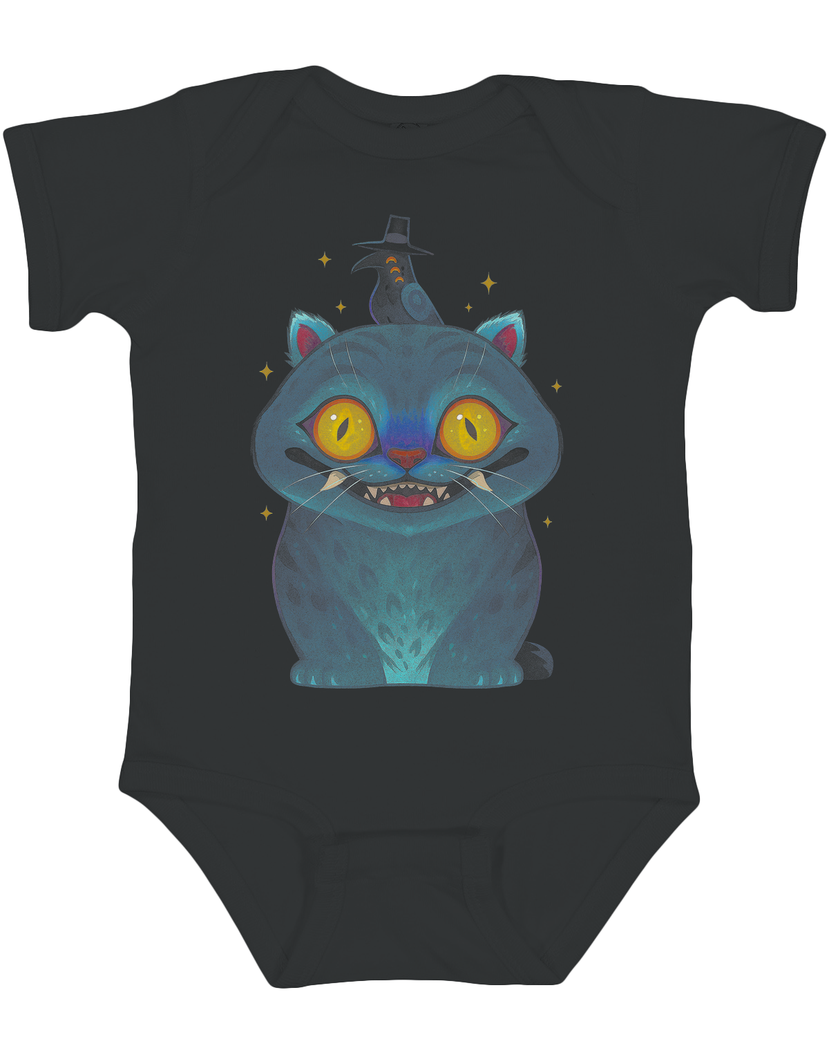 Front view of KPop Demon Hunters chibi credit scene characters on infant bodysuit

