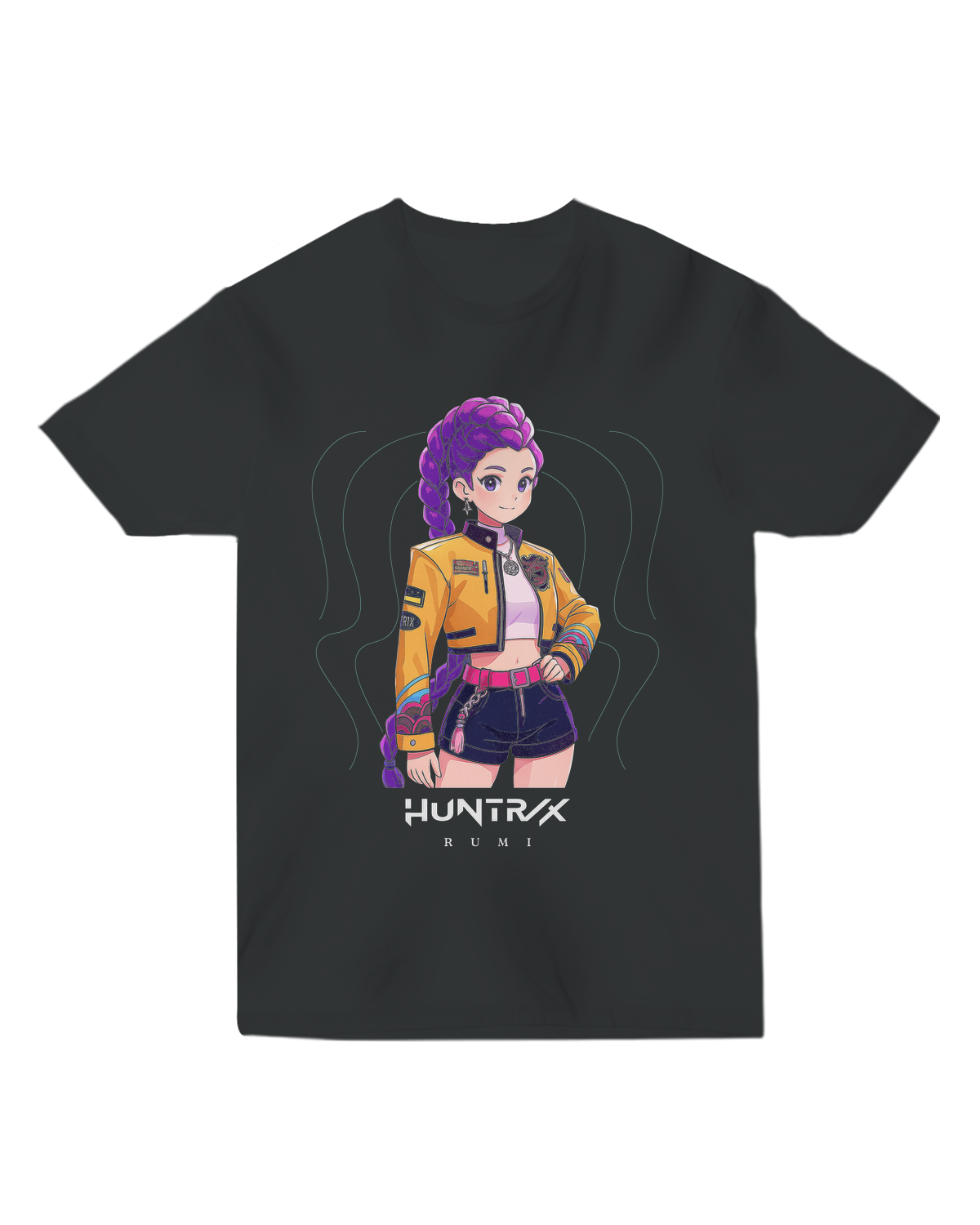 Front view of a black fitted t-shirt featuring the large KPop Demon Hunters graphic design.

