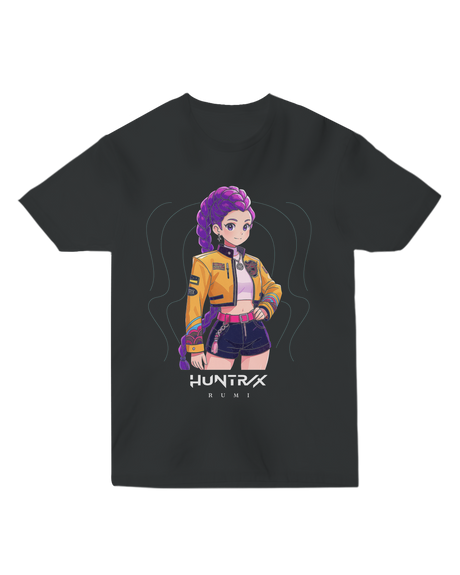 Front view of a black fitted t-shirt featuring the large KPop Demon Hunters graphic design.

