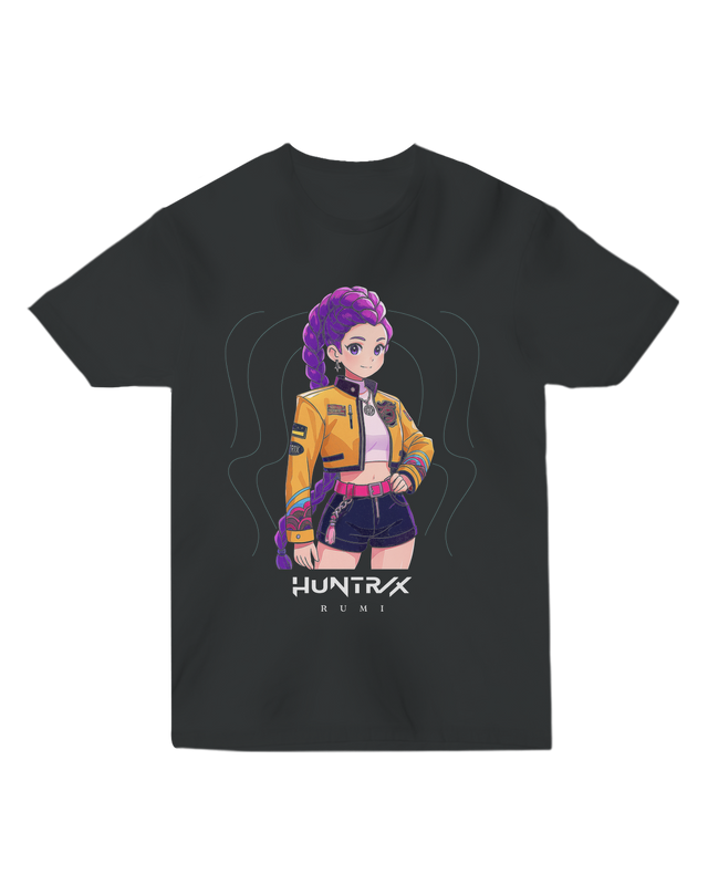 Front view of a black fitted t-shirt featuring the large KPop Demon Hunters graphic design.

