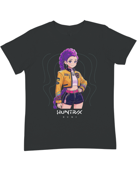 Front view of a youth grey crewneck tee featuring the large KPop Demon Hunters graphic design.


