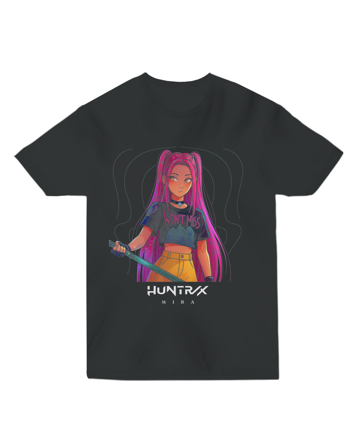 Front view of the KPop Demon Hunters Unisex Fitted Tee in black, showcasing the full graphic design.

