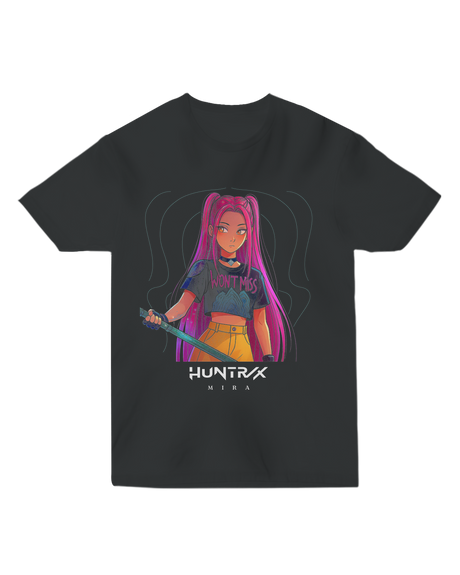 Front view of the KPop Demon Hunters Unisex Fitted Tee in black, showcasing the full graphic design.

