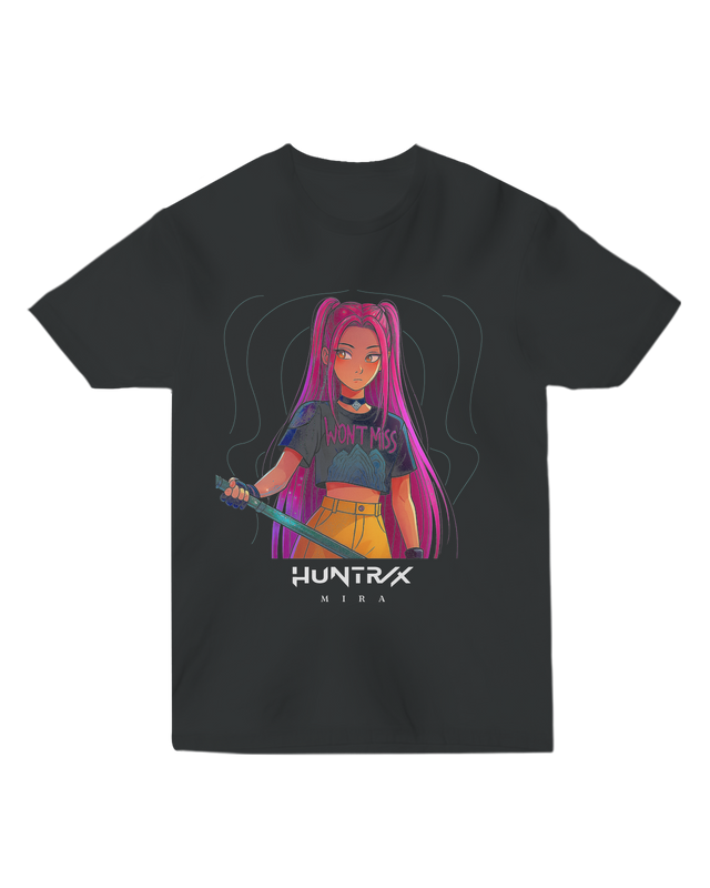 Front view of the KPop Demon Hunters Unisex Fitted Tee in black, showcasing the full graphic design.


