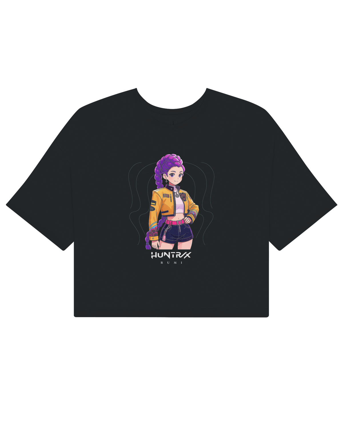 Front view of the KPop Demon Hunters graphic on a black ladies premium crop top.

