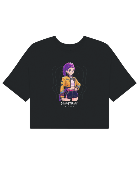 Front view of the KPop Demon Hunters graphic on a black ladies premium crop top.

