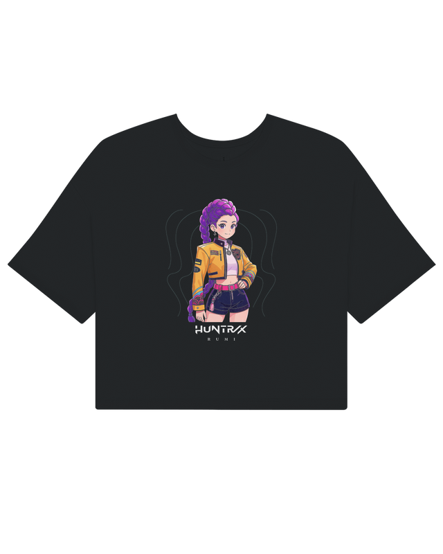 Front view of the KPop Demon Hunters graphic on a black ladies premium crop top.

