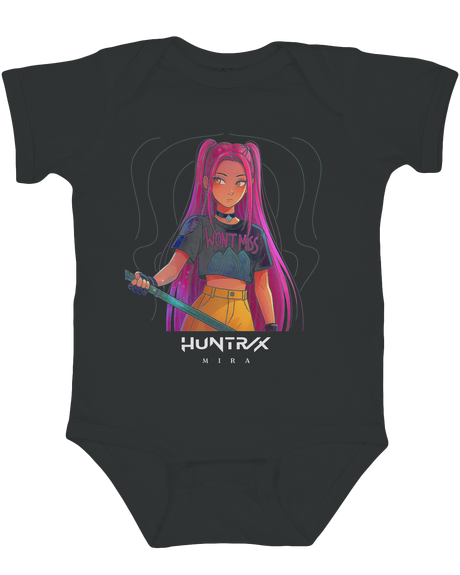 Front view of the KPop Demon Hunters graphic on a soft white infant fine jersey bodysuit.

