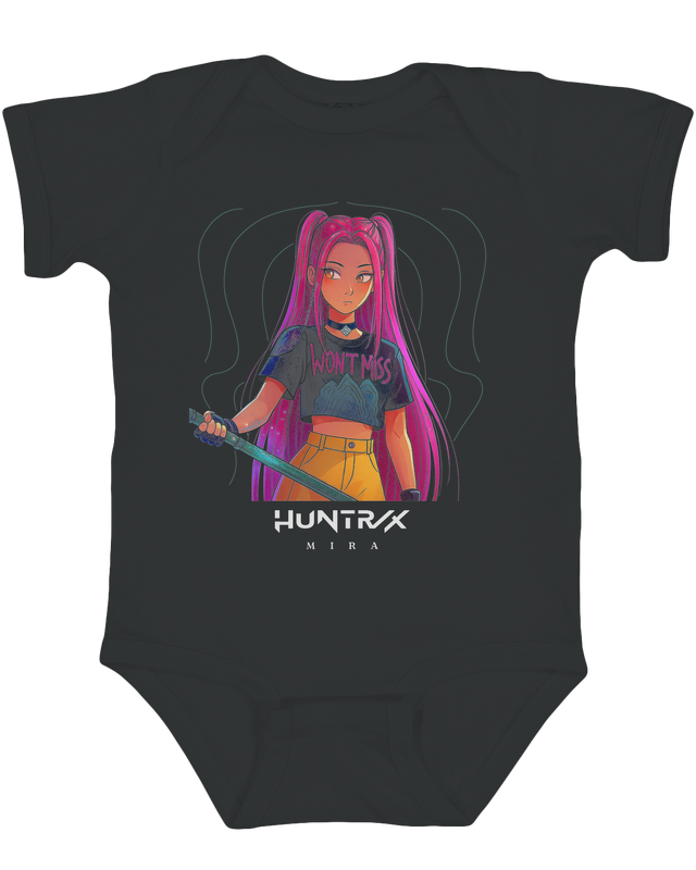 Front view of the KPop Demon Hunters graphic on a soft white infant fine jersey bodysuit.

