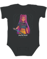 Front view of the KPop Demon Hunters graphic on a soft white infant fine jersey bodysuit.

