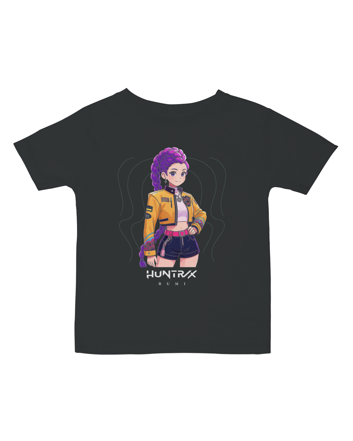 Front view of the KPop Demon Hunters graphic on a soft white infant fine jersey t-shirt.

