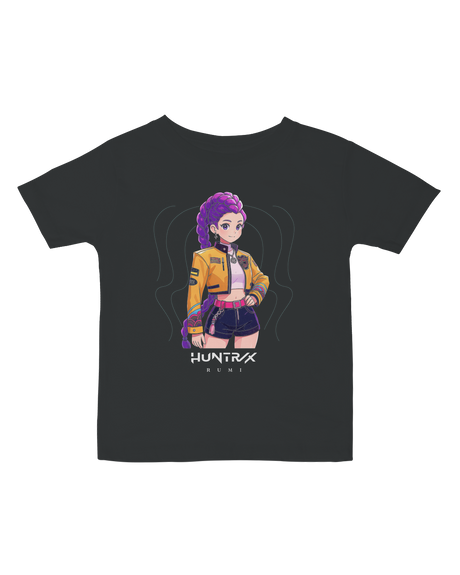 Front view of the KPop Demon Hunters graphic on a soft white infant fine jersey t-shirt.

