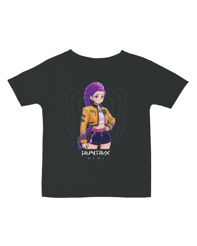 Front view of the KPop Demon Hunters graphic on a soft white infant fine jersey t-shirt.


