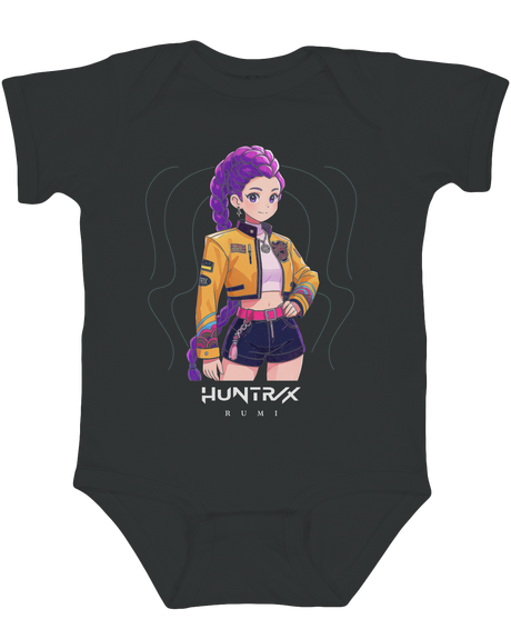 Front view of the KPop Demon Hunters graphic on a soft white infant jersey bodysuit.