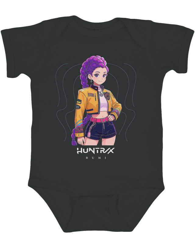 Front view of the KPop Demon Hunters graphic on a soft white infant jersey bodysuit.