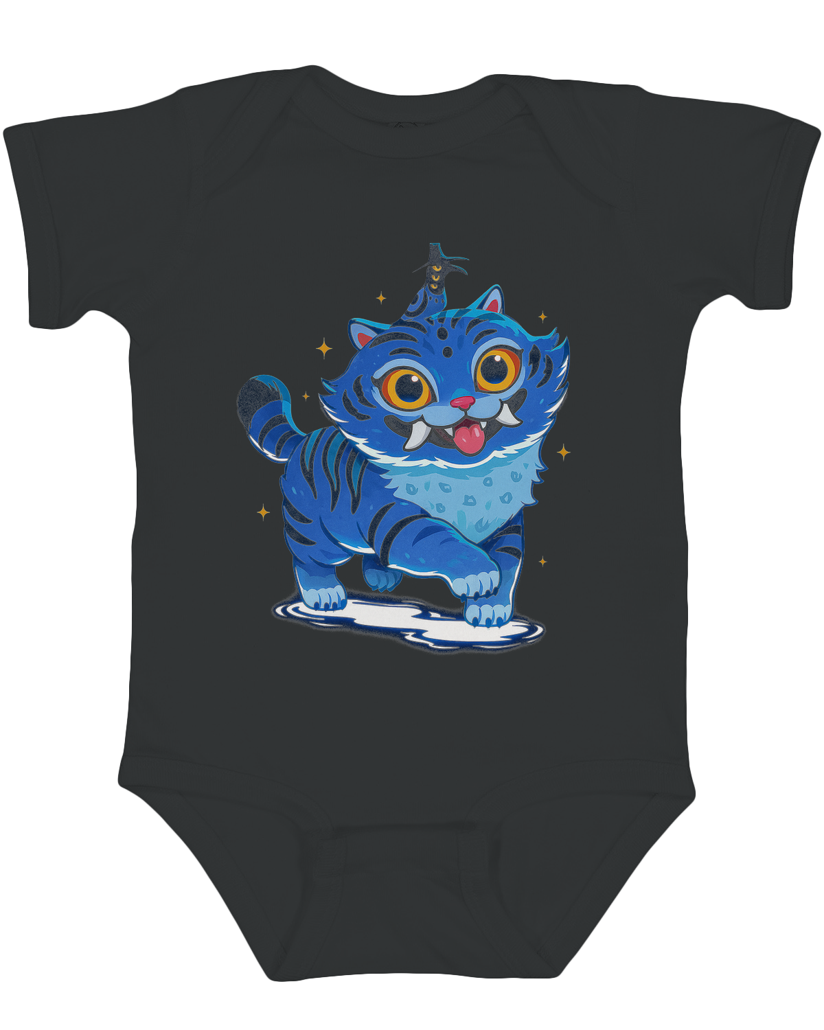 Front view of the KPop Demon Hunters infant bodysuit showing envelope shoulders and snap closures

