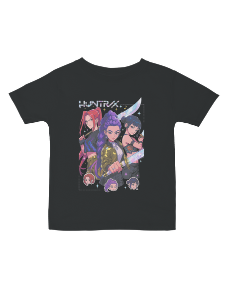 Infant wearing the KPop Demon Hunters tee layered over a onesie

