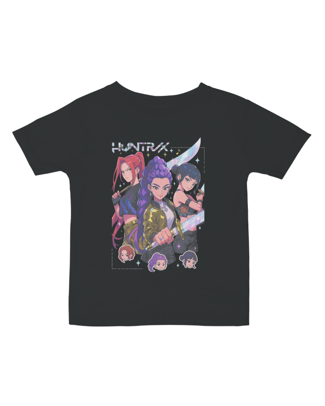Infant wearing the KPop Demon Hunters tee layered over a onesie

