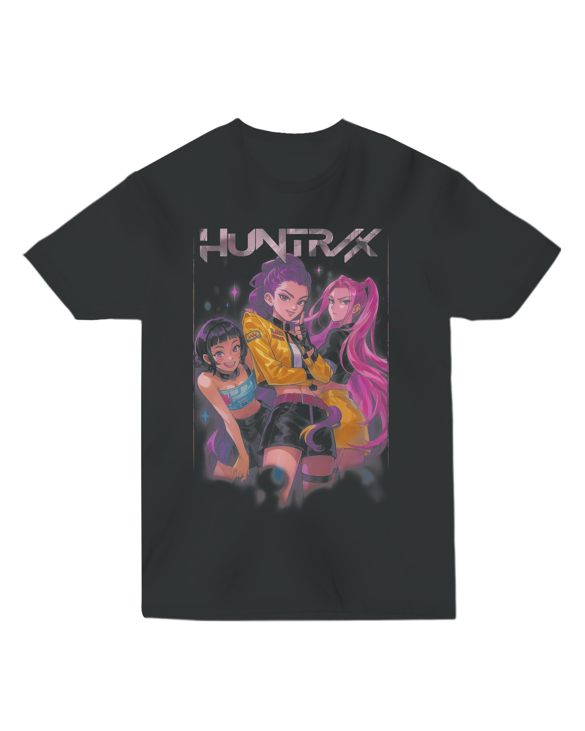 Person wearing the KPop Demon Hunters fitted tee showcasing modern sleeve length

