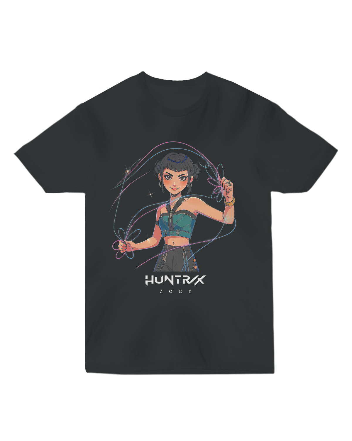 Person wearing the sleek black KPop Demon Hunters fitted tee, showcasing its modern silhouette.

