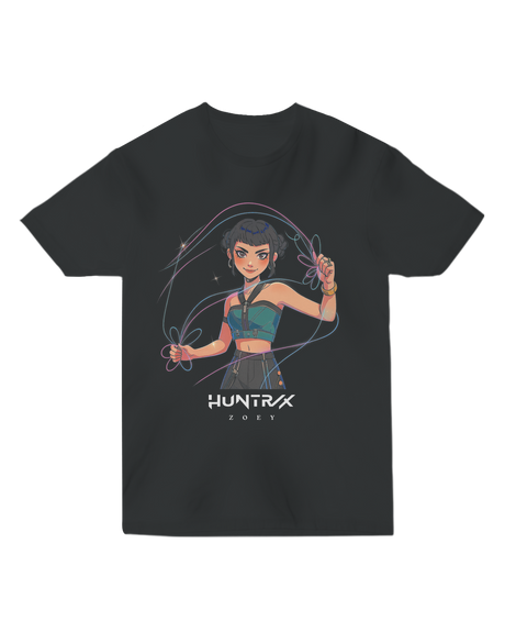 Person wearing the sleek black KPop Demon Hunters fitted tee, showcasing its modern silhouette.

