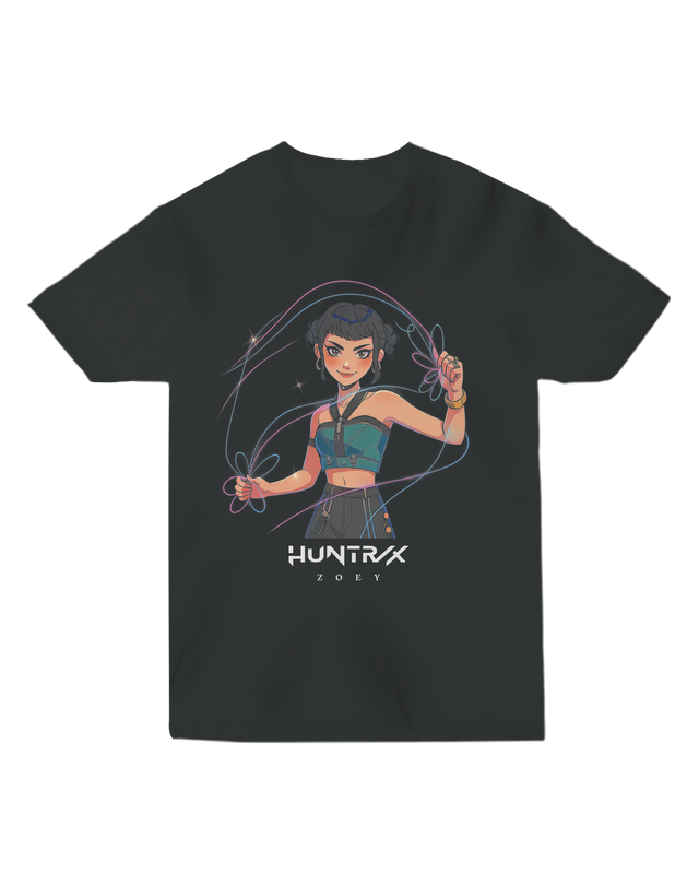 Person wearing the sleek black KPop Demon Hunters fitted tee, showcasing its modern silhouette.


