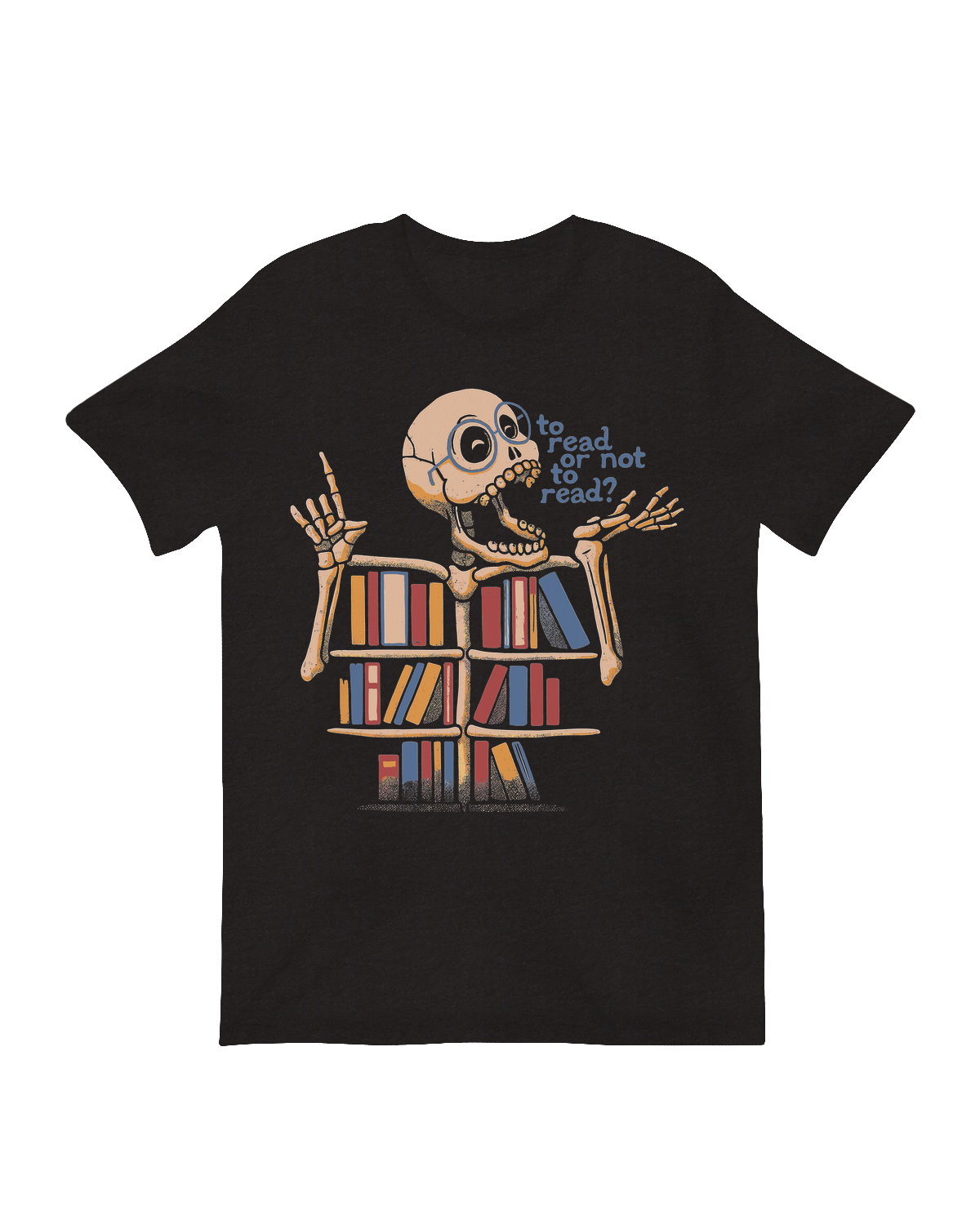 Reading skeleton with bookshelves decor

