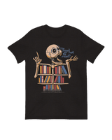 Reading skeleton with bookshelves decor

