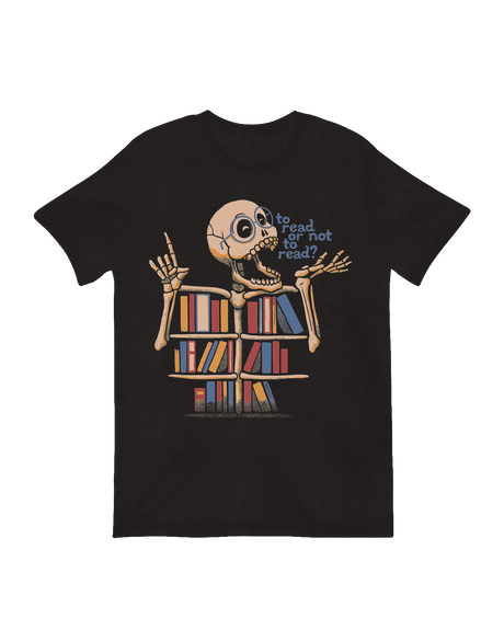 Reading skeleton with bookshelves decor

