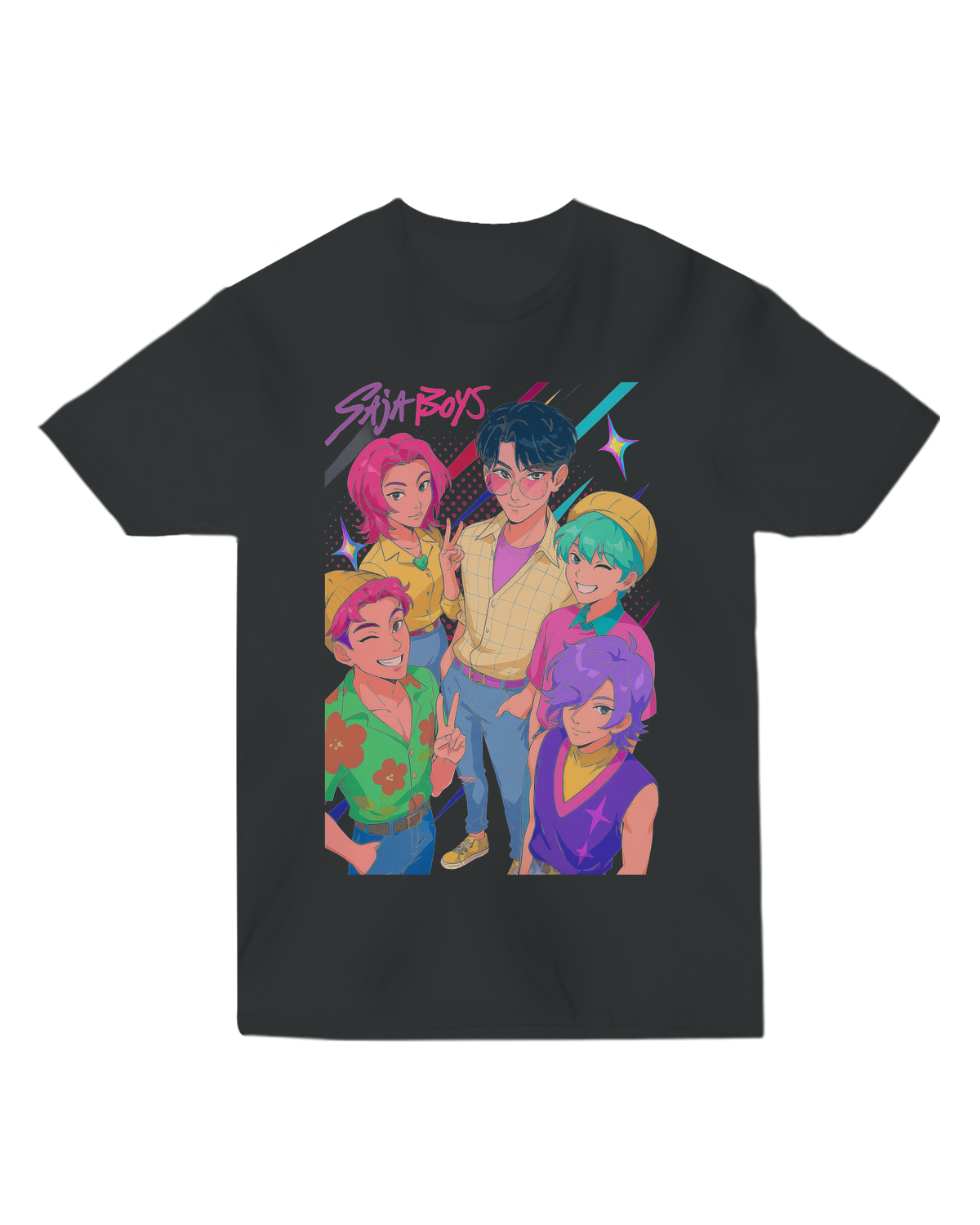 Sequential images showing the color-changing effect on the KPop Demon Hunters tee

